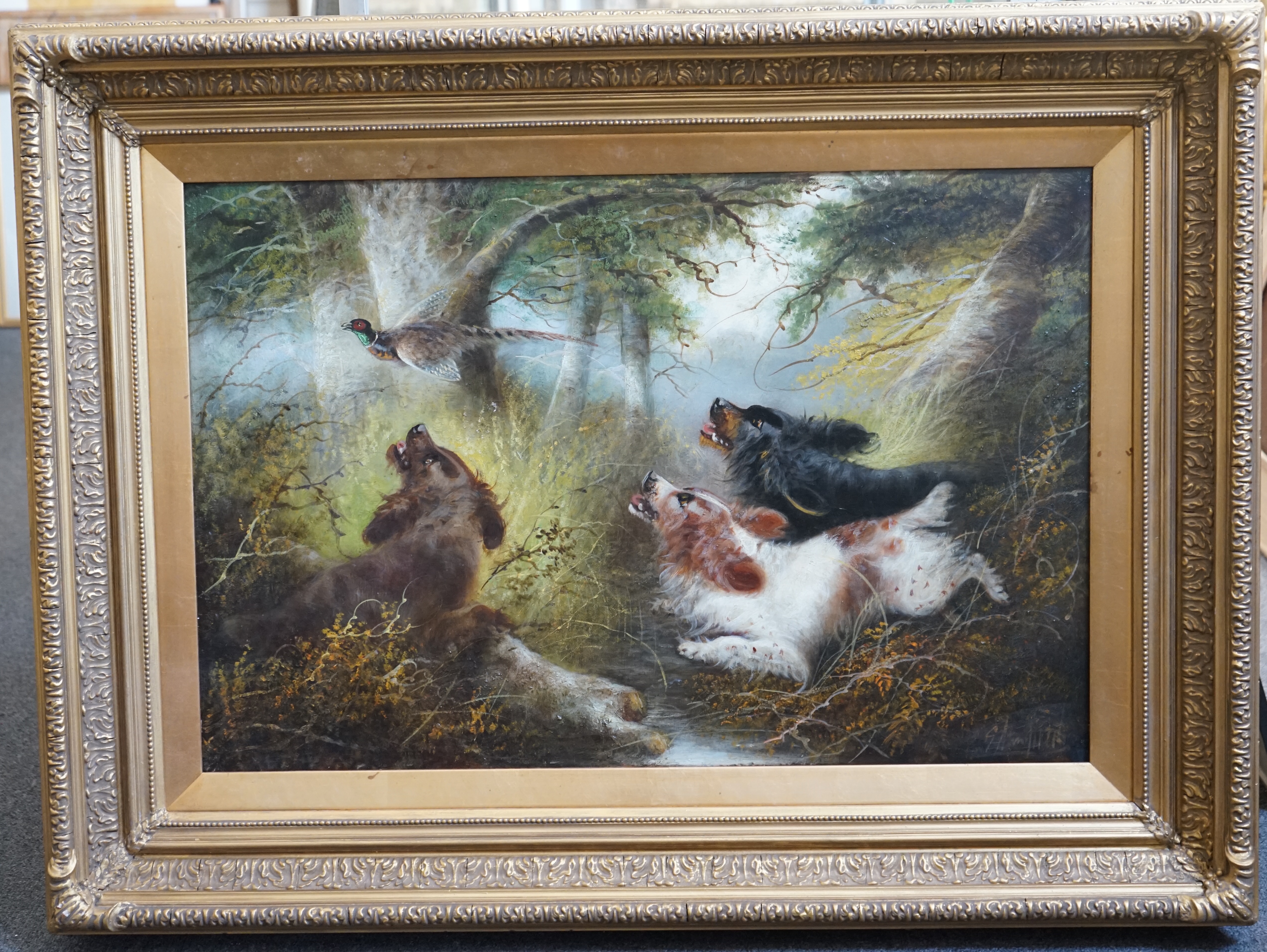 George Armfield (British, 1810-1893), Spaniels and game in a woodland, oil on canvas, 50 x 75cm